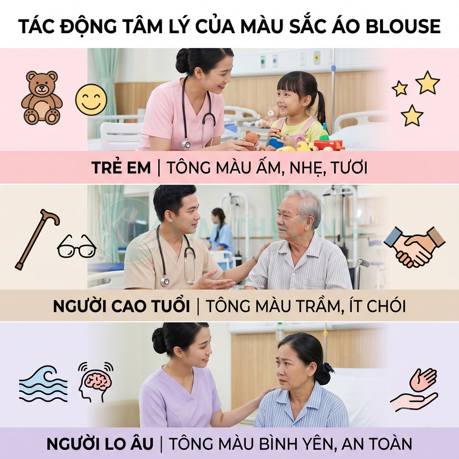 Bác sĩ mặc áo blouse nhiều màu tư vấn cho trẻ em, người cao tuổi và người lo âu trong bệnh viện
